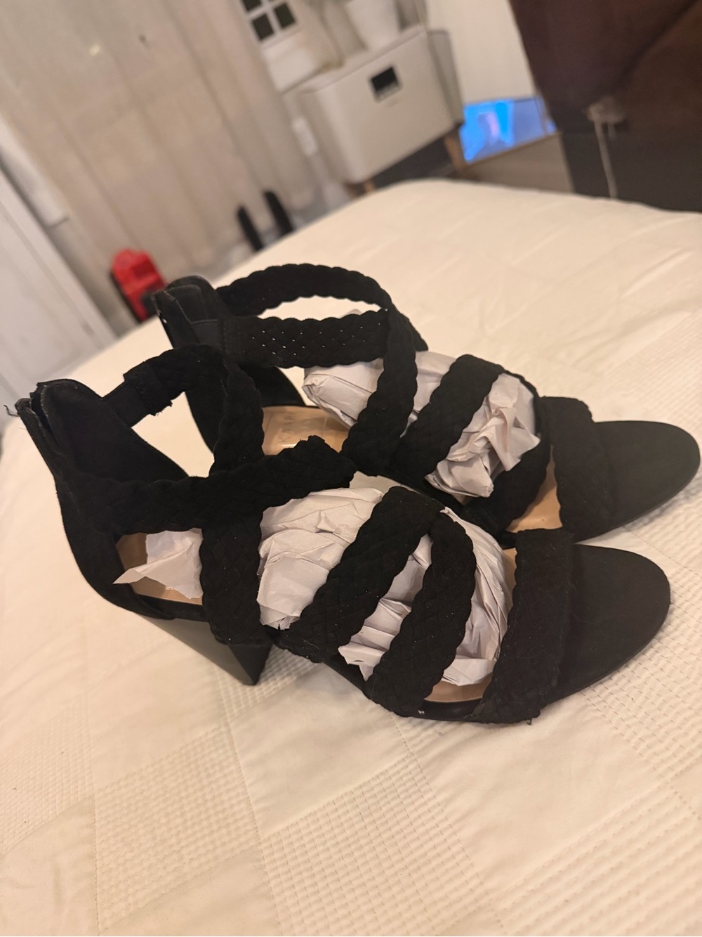 Kaari Blue Black Braided Strappy Block Heel Sandals, Low Heel, Good Condition
